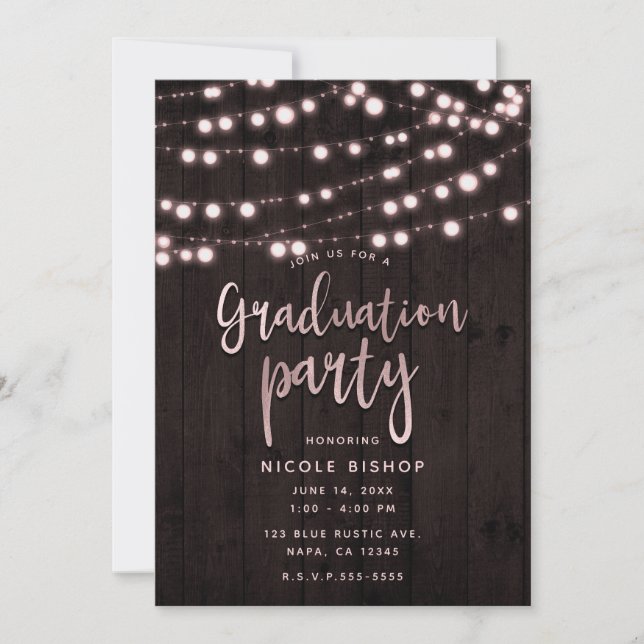 Blush Pink Rustic Wood Lights Graduation Party Invitation (Front)