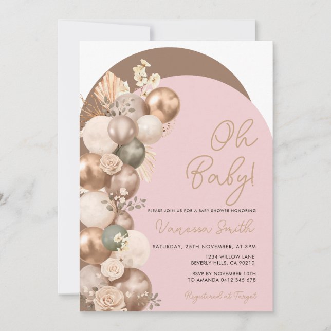 Blush Pink Sage Balloon Baby Shower Invite (Front)