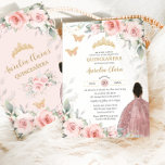 Blush Pink Sage Floral Brown Princess Quinceañera Invitation<br><div class="desc">This chic Quinceañera birthday invitation features a pretty brown girl dressed in a sparkly rose gold / blush ball gown, watercolor blush pink floral and soft greenery foliage. Personalise it with your details easily and quickly, simply press the customise it button to further re-arrange and format the style and placement...</div>