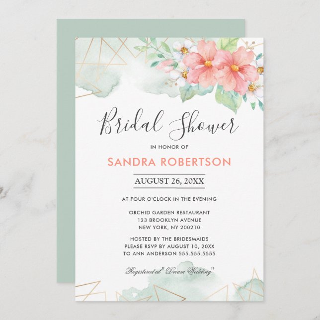 Blush Pink Sage Floral Geometric Bridal Shower Invitation (Front/Back)