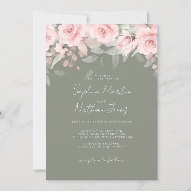 Blush Pink Sage Floral Wedding  Invitation (Front)