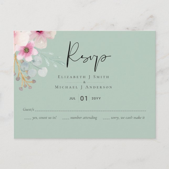 Blush Pink Sage Floral Wedding RSVP Budget Postcard (Front)