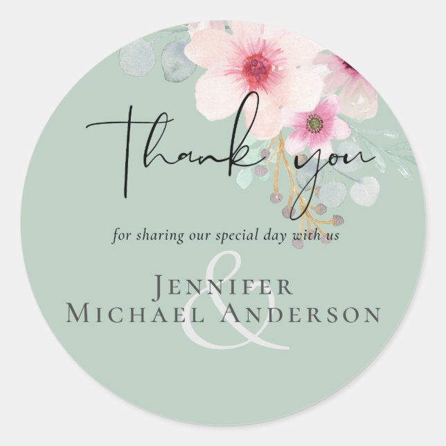 Blush Pink Sage Floral Wedding Script Budget Classic Round Sticker (Front)