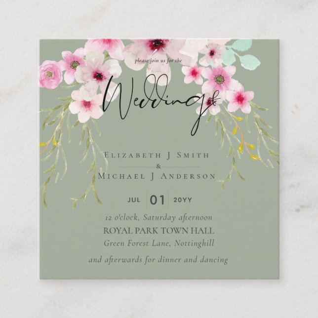 Blush Pink Sage Floral Wedding Script Budget Square Business Card (Front)