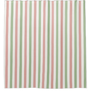 Blush Pink, Sage Green and White Wide Stripe Shower Curtain