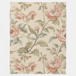Blush Pink Sage Green Beige Shabby Chic Floral Fleece Blanket