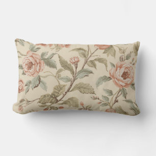 Blush Pink Sage Green Beige Shabby Chic Floral Lumbar Cushion