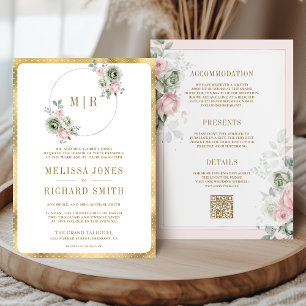 Blush Pink Sage Green Floral All in One Wedding Invitation