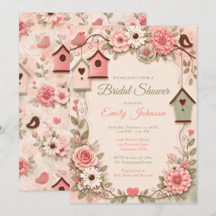 Blush Pink & Sage Green Floral Birds Bridal Shower Invitation