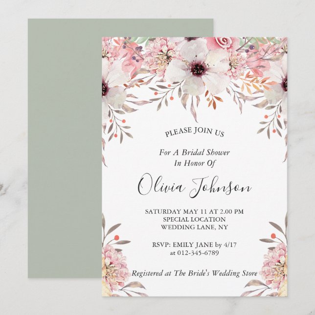 Blush Pink Sage Green Floral Garden Bridal Shower Invitation (Front/Back)