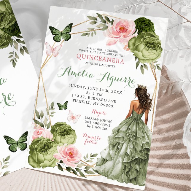 Blush Pink Sage Green Floral Mexican Quinceañera Invitation (Creator Uploaded)