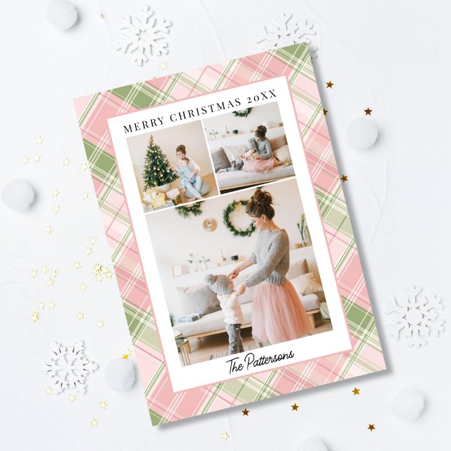 Blush Pink & Sage Green Plaid 3 Photo Christmas Holiday Card (Creator Uploaded)