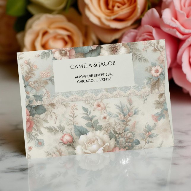 Blush Pink Sage Green Shabby Chic Botanical Floral Envelope (Creator Uploaded)