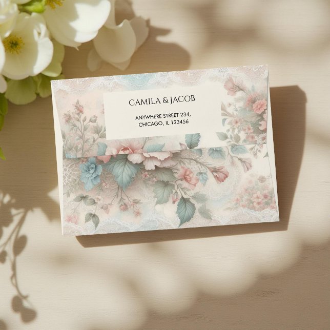 Blush Pink Sage Green Shabby Chic Botanical Floral Envelope (Creator Uploaded)