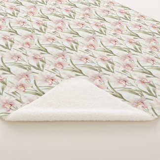 Blush Pink & Sage Orchid Flowers Sherpa Blanket