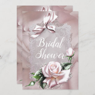 Blush Pink Satin Bow & Rose Romantic Bridal Shower Invitation