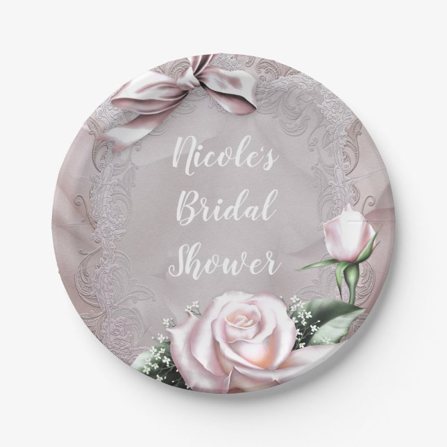 Blush Pink Satin Bow & Rose Romantic Floral Paper Plate (Front)