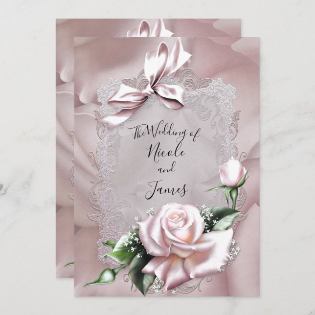 Blush Pink Satin Bow & Rose Romantic Wedding Invitation (Front/Back)