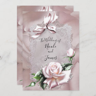 Blush Pink Satin Bow & Rose Romantic Wedding Invitation