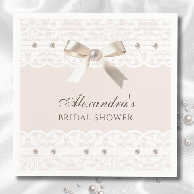 Blush Pink Satin Bow White Lace Bridal Shower Napkin (Creator Uploaded)
