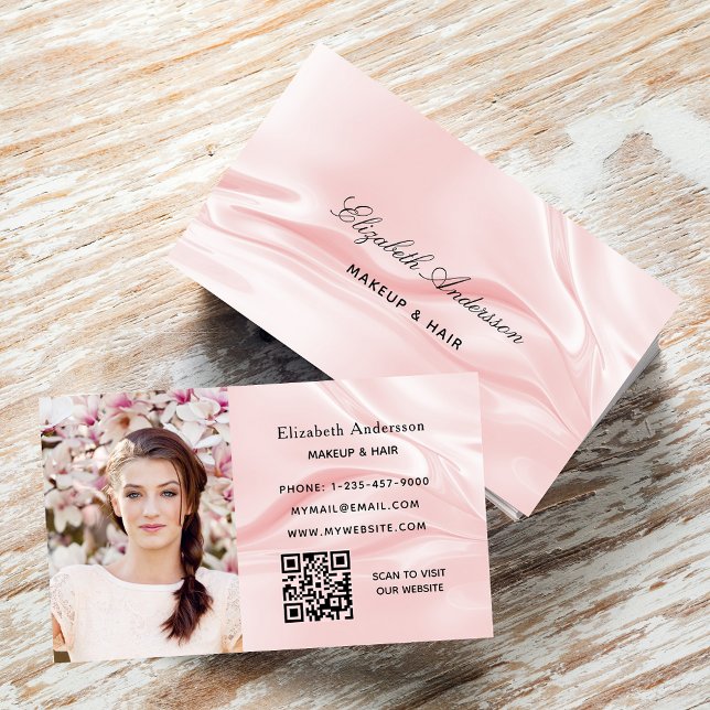 Blush pink satin silk photo elegant QR code Business Card (Creator Uploaded)