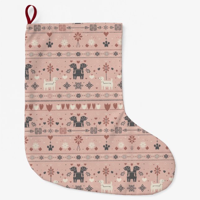 Blush Pink Scandinavian Dog Print – Nordic Minimal Large Christmas Stocking (Front)