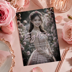 Blush Pink Script Eighteen Photo 18th Birthday Invitation