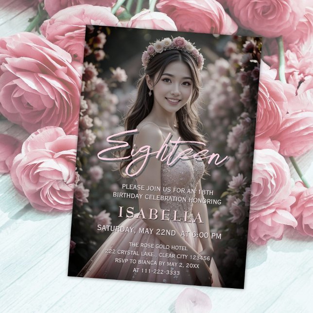 Blush Pink Script Eighteen Photo 18th Birthday Invitation (Creator Uploaded)