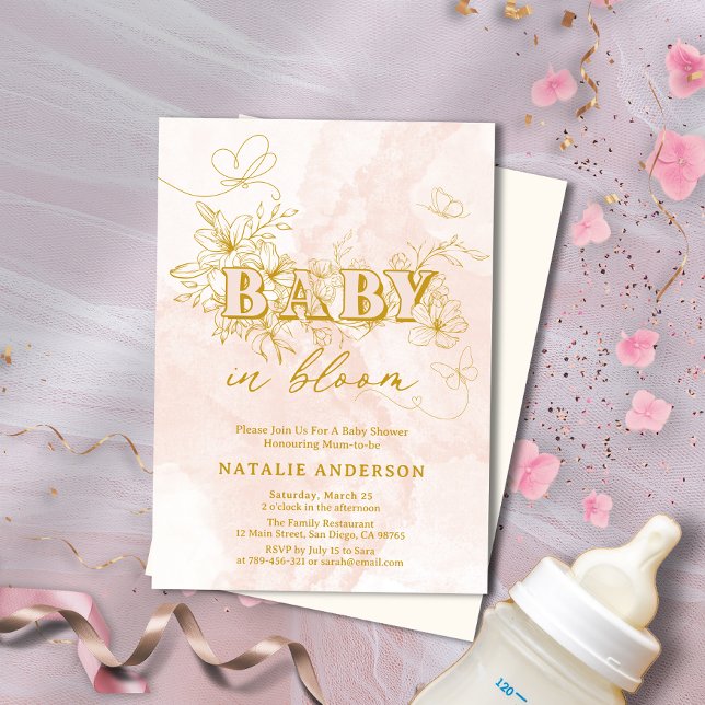 Blush Pink Script Floral Butterflies Baby In Bloom Invitation (Blush Pink Script Floral Butterflies Baby In Bloom Invitation)