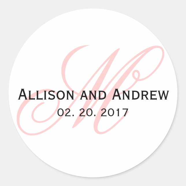 Blush Pink Script Initial M Monogram Wedding Favou Classic Round Sticker (Front)