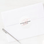 Blush Pink Script Initial R Monogram Wedding Favou Classic Round Sticker<br><div class="desc">Simple, Elegant, Blush Pink and White Script Monogram Wedding Favour Sticker or Save the Date envelope seal. By Elke Clarke©2009. Customise with your last name initial and bride and groom names and wedding date. Use to seal your wedding invitation envelopes or add to your wedding favours. Use "customise it" edit...</div>