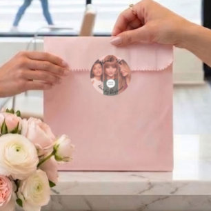 Blush Pink Script Logo 3 Photo Hair Salon Classic Round Sticker