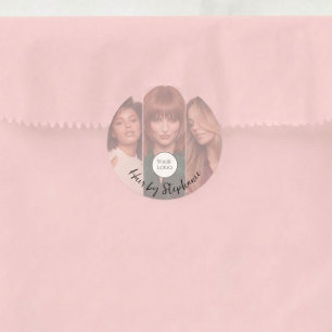 Blush Pink Script Logo 3 Photo Hair Salon Classic Round Sticker