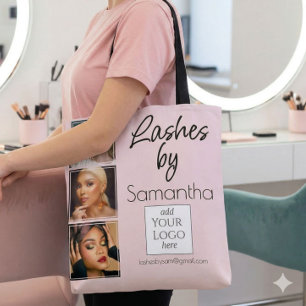 Blush Pink Script Logo 3 Photo Lash Tech Business Tote Bag