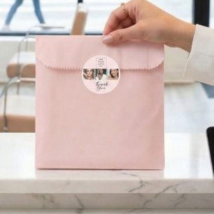 Blush Pink Script Logo 3 Photo Nail Tech Thank You Classic Round Sticker