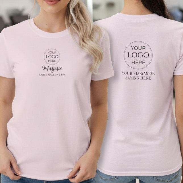 Blush Pink Script Logo Makeup Staff T-Shirt (custom logo makeup staff t-shirt for employee apparel at stylist salon with motto saying name)