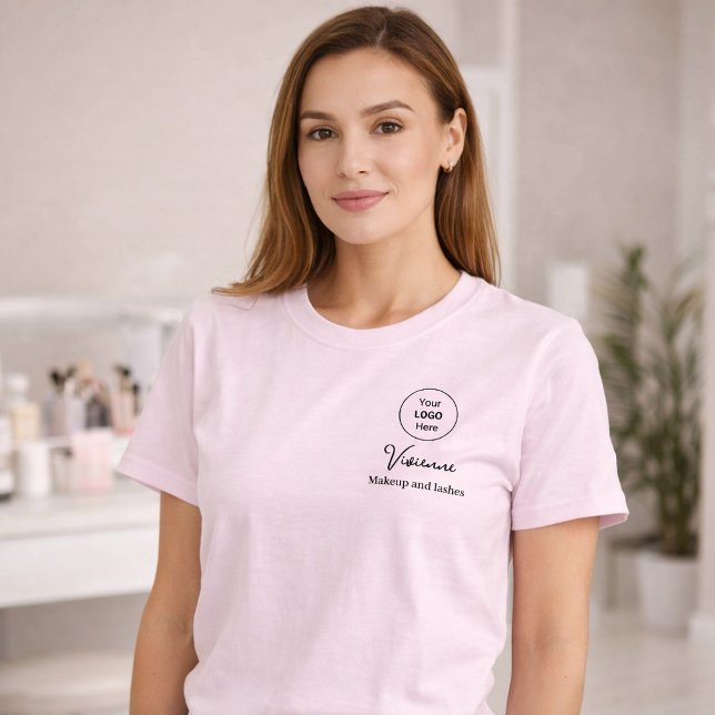 Blush Pink Script Logo Makeup Staff T-Shirt (Black Script Employee Name Business Logo Makeup T-Shirt in Blush Pink)