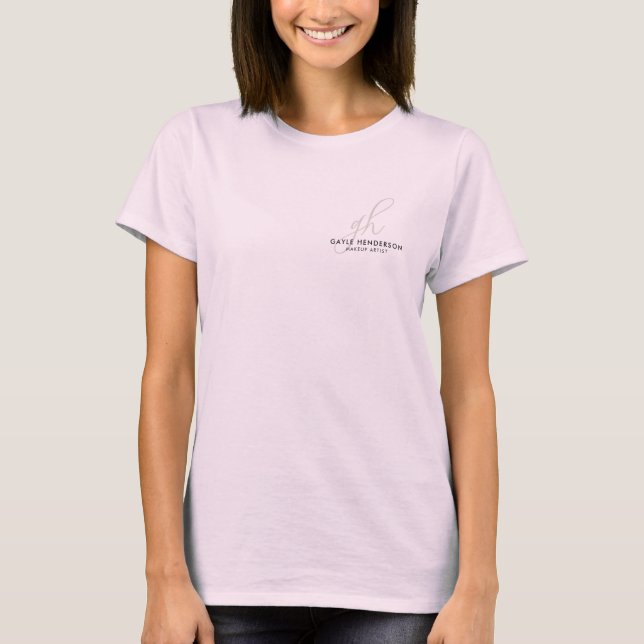 Blush Pink Script Logo Makeup Staff T-Shirt (Front)