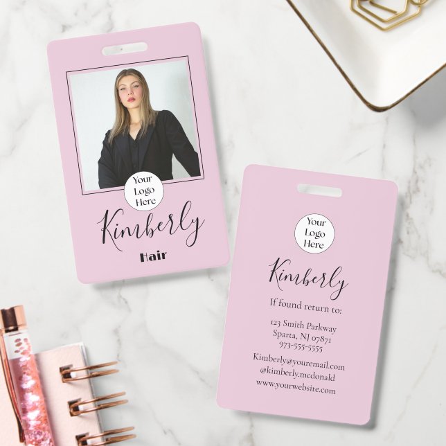 Blush Pink Script Logo Photo hair ID Badge (Office)