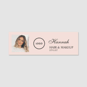 Blush Pink Script Logo Photo Hair Makeup Name Tag