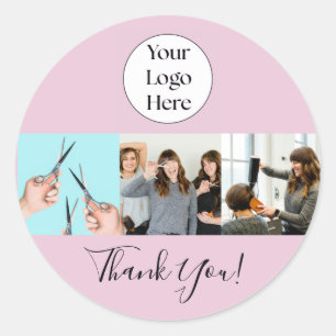 Blush Pink Script Logo Photo Hair Salon Thank You Classic Round Sticker