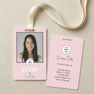 Blush Pink Script Logo Photo Hair Stylist ID Badge