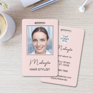 Blush Pink Script Logo Photo Hair Stylist ID Badge