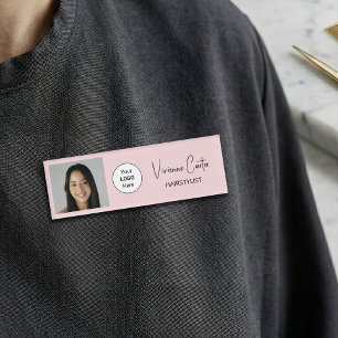Blush Pink Script Logo Photo Hair Stylist Name Tag