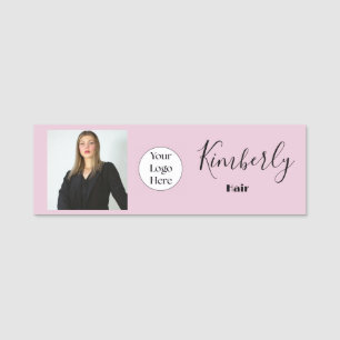 Blush Pink Script Logo Photo Hair stylist Name Tag