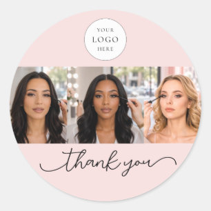 Blush Pink Script Logo Photo Lash Makeup Thank You Classic Round Sticker