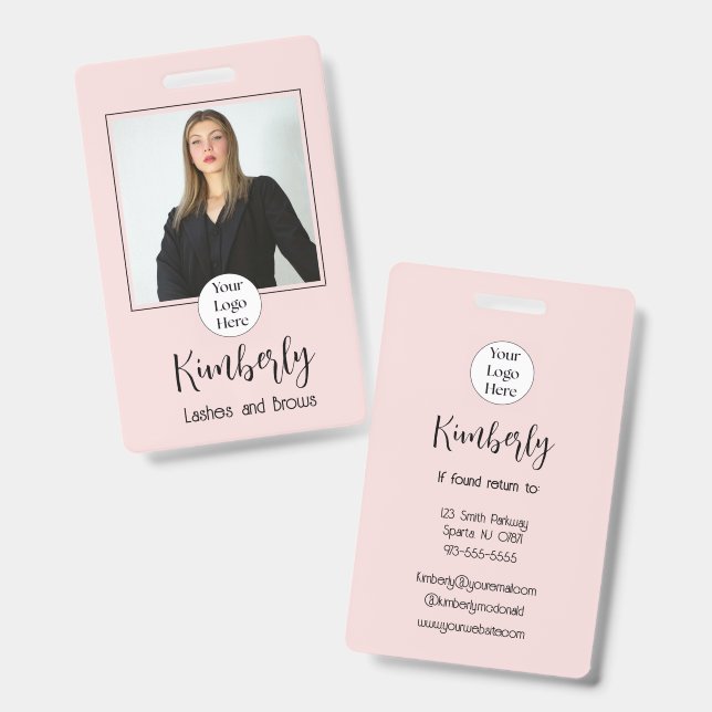 Blush Pink Script Logo Photo Lashes and Brows ID Badge (Front & Back)