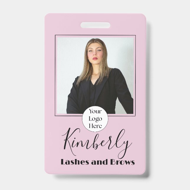 Blush Pink Script Logo Photo Lashes and Brows ID Badge (Front)