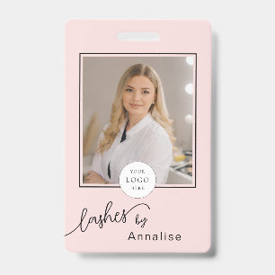 Blush Pink Script Logo Photo Lashes Makeup ID Badge
