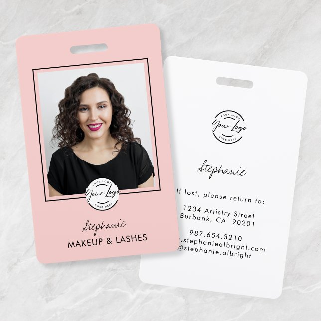 Blush Pink Script Logo Photo Lashes Studio ID Badge (Creator Uploaded)